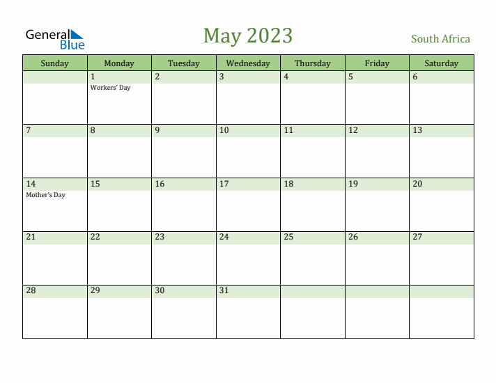 May 2023 Calendar with South Africa Holidays