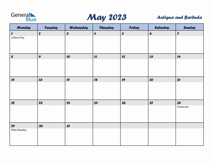 May 2023 Calendar with Holidays in Antigua and Barbuda