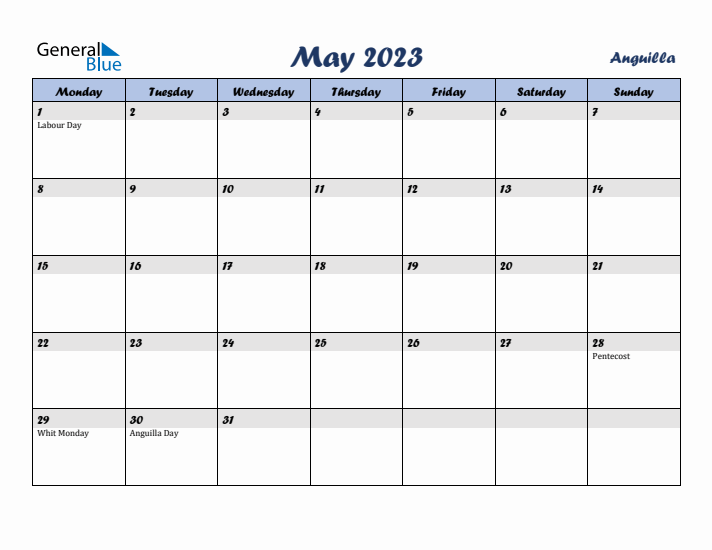 May 2023 Calendar with Holidays in Anguilla