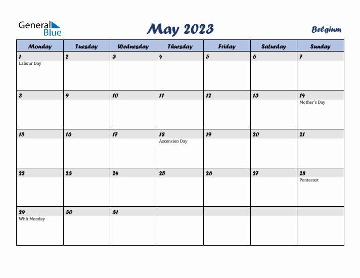 May 2023 Calendar with Holidays in Belgium