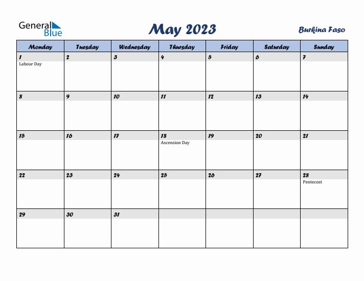 May 2023 Calendar with Holidays in Burkina Faso