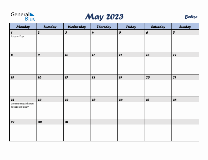 May 2023 Calendar with Holidays in Belize