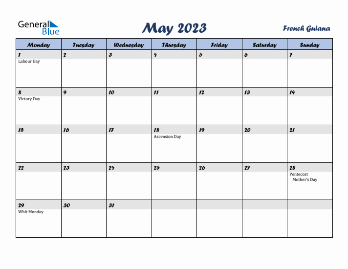 May 2023 Calendar with Holidays in French Guiana