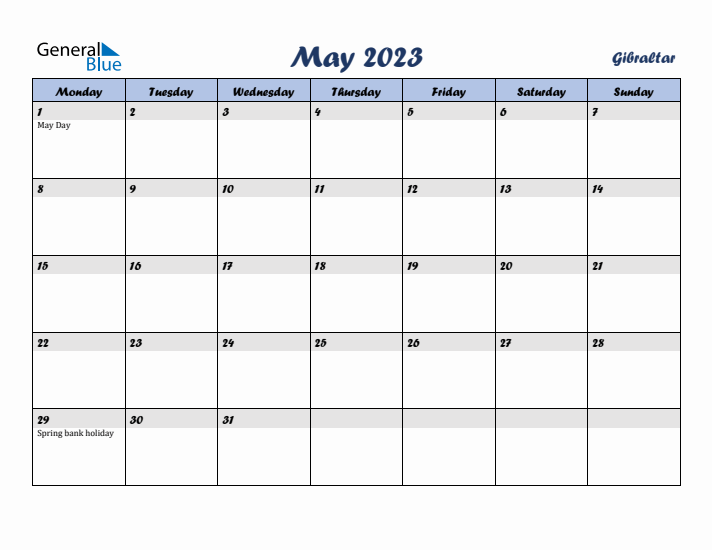 May 2023 Calendar with Holidays in Gibraltar