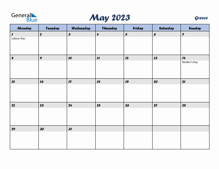 May 2023 Calendar with Holidays in Greece