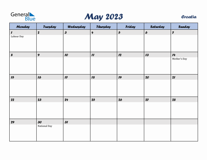 May 2023 Calendar with Holidays in Croatia