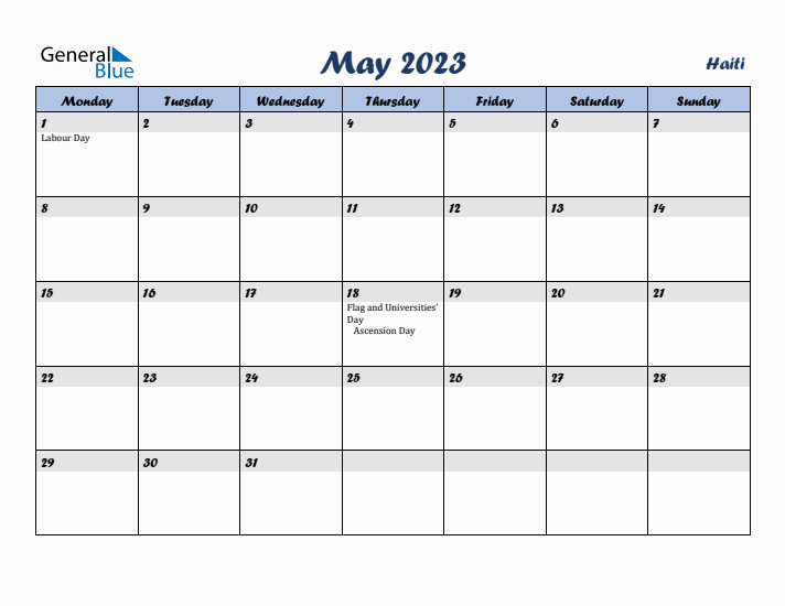 May 2023 Calendar with Holidays in Haiti