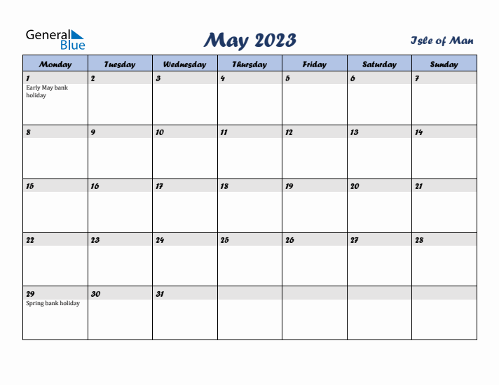 May 2023 Calendar with Holidays in Isle of Man