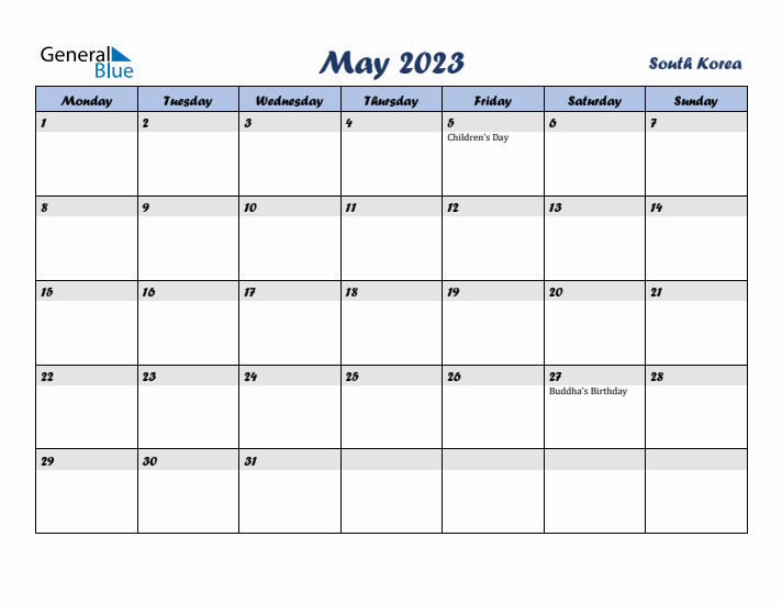 May 2023 Calendar with Holidays in South Korea