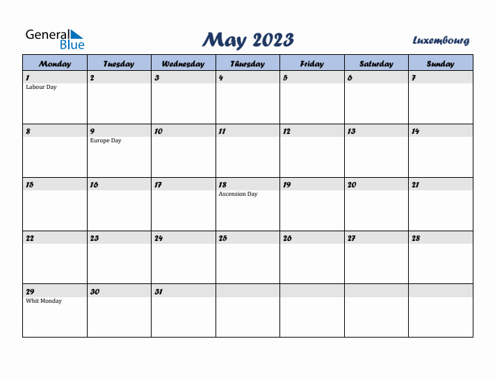 May 2023 Calendar with Holidays in Luxembourg