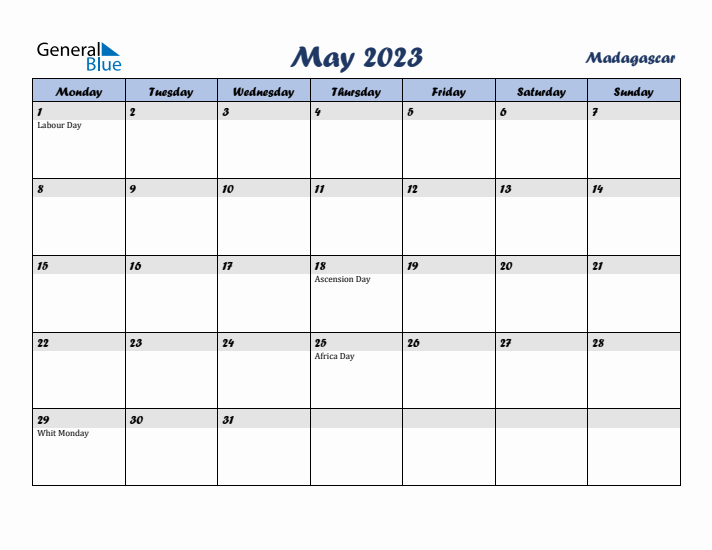 May 2023 Calendar with Holidays in Madagascar