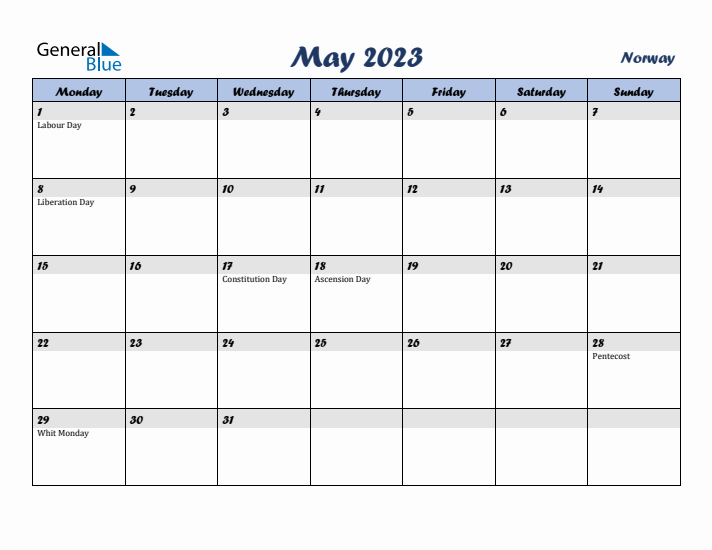 May 2023 Calendar with Holidays in Norway