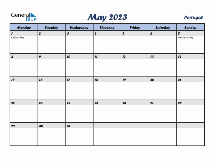 May 2023 Calendar with Holidays in Portugal