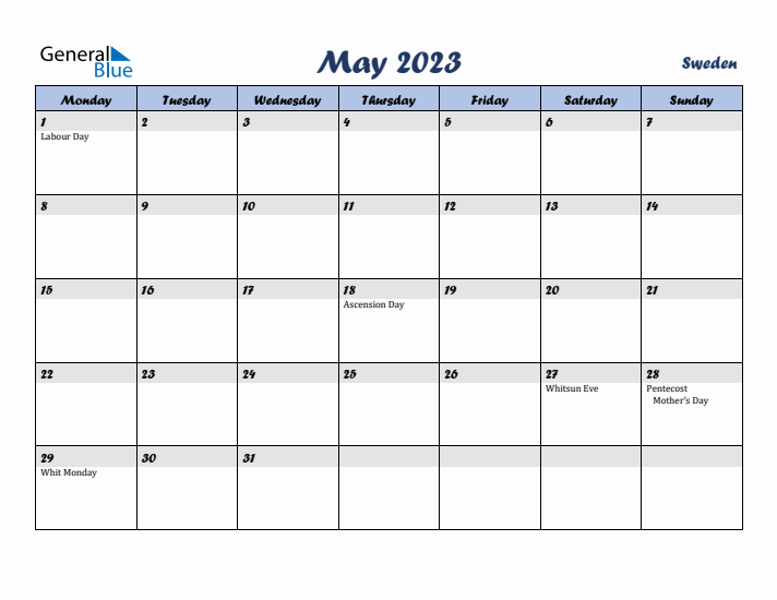 May 2023 Calendar with Holidays in Sweden