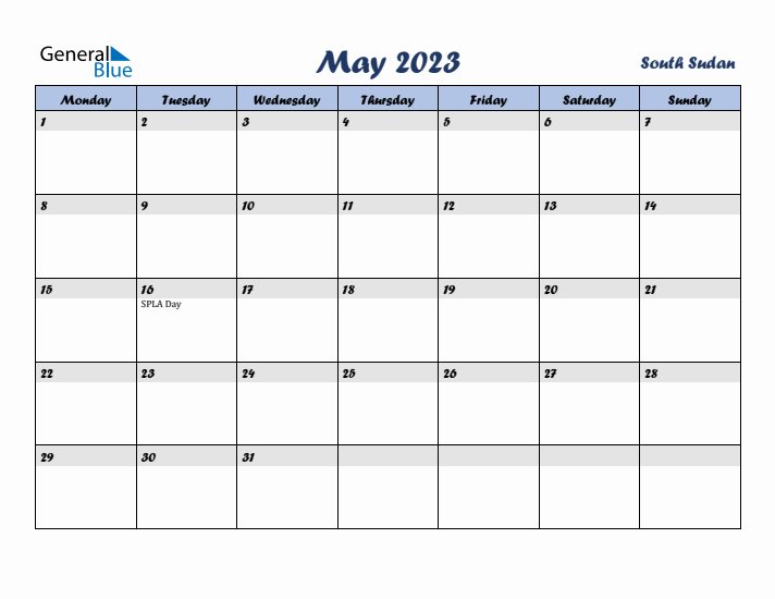 May 2023 Calendar with Holidays in South Sudan