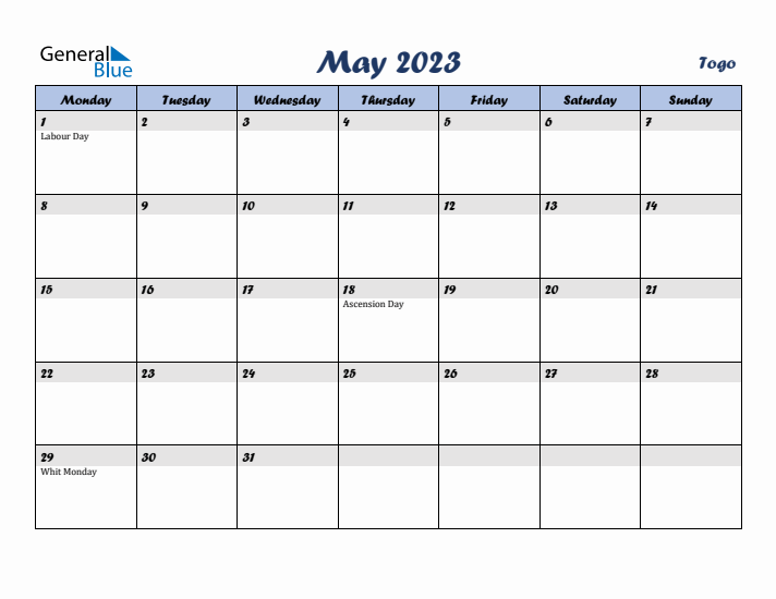 May 2023 Calendar with Holidays in Togo