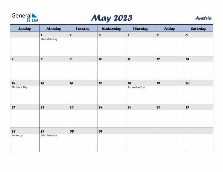 May 2023 Calendar with Holidays in Austria