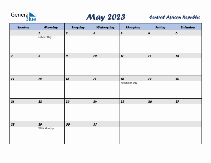 May 2023 Calendar with Holidays in Central African Republic