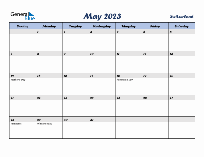 May 2023 Calendar with Holidays in Switzerland