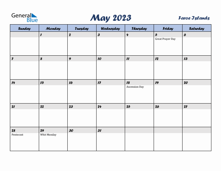 May 2023 Calendar with Holidays in Faroe Islands