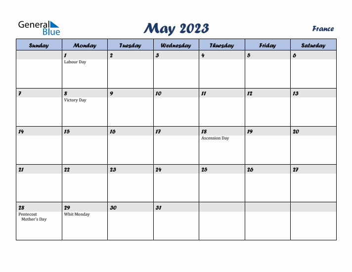 May 2023 Calendar with Holidays in France