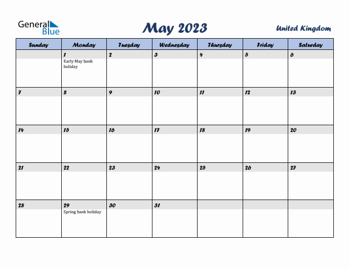 May 2023 Calendar with Holidays in United Kingdom