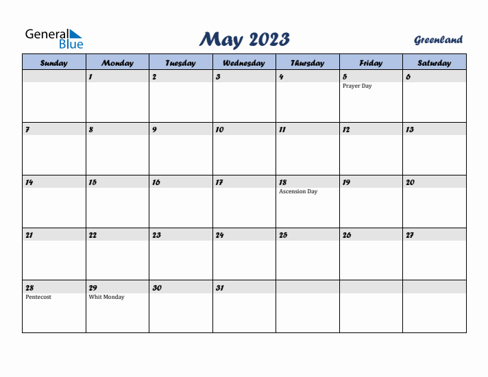 May 2023 Calendar with Holidays in Greenland