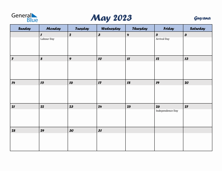 May 2023 Calendar with Holidays in Guyana