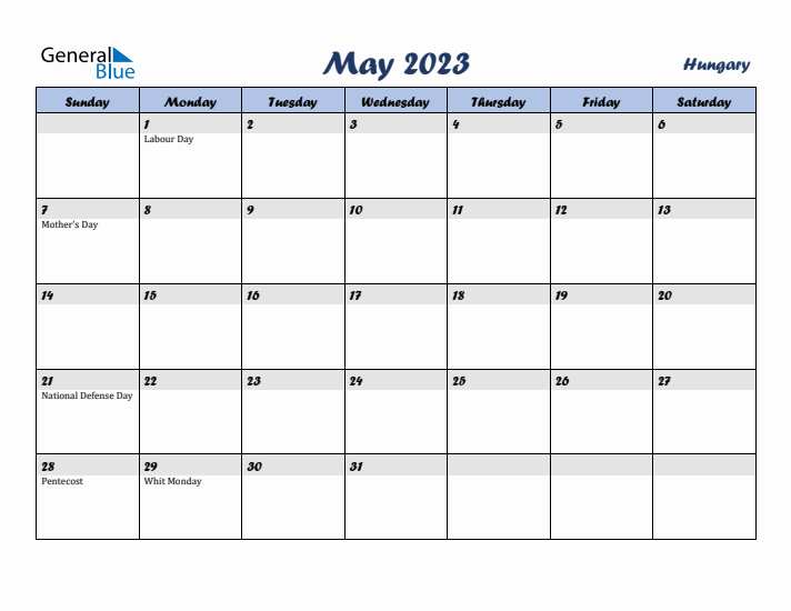 May 2023 Calendar with Holidays in Hungary