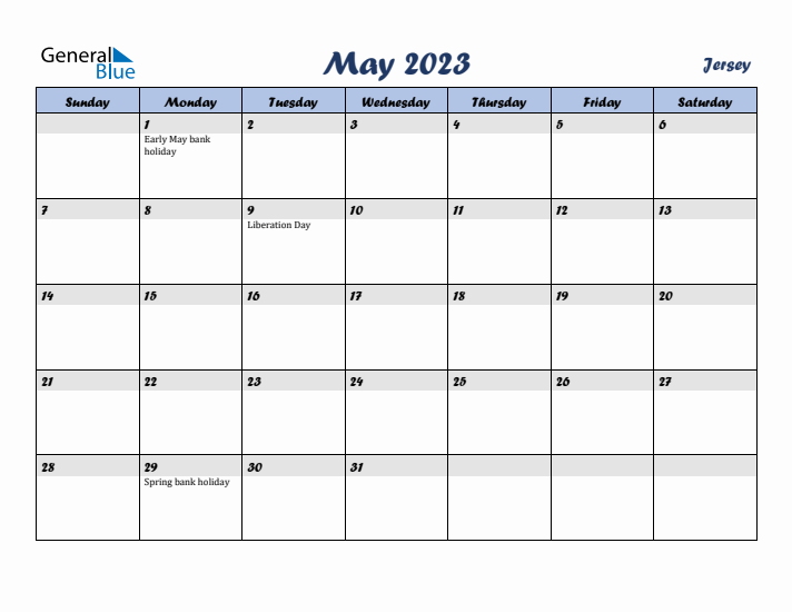 May 2023 Calendar with Holidays in Jersey