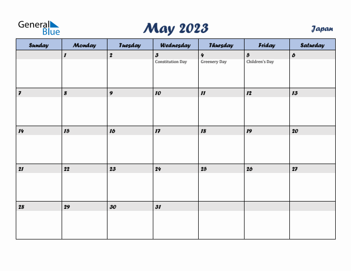 May 2023 Calendar with Holidays in Japan