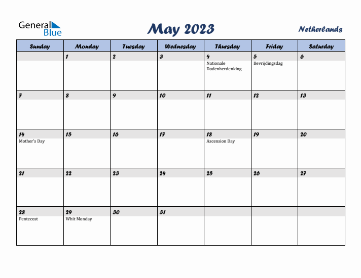 May 2023 Calendar with Holidays in The Netherlands