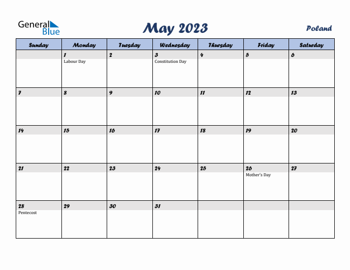 May 2023 Calendar with Holidays in Poland