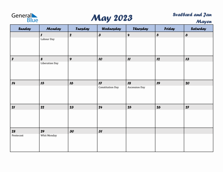 May 2023 Calendar with Holidays in Svalbard and Jan Mayen