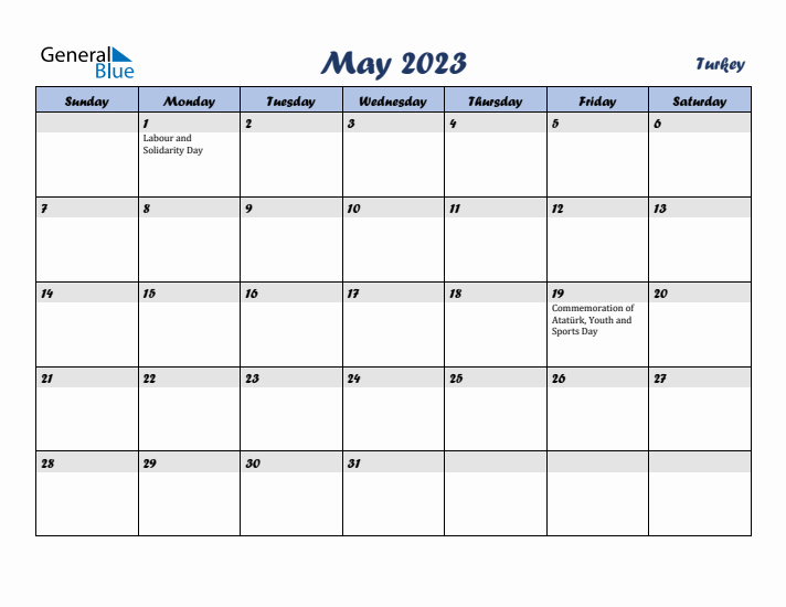 May 2023 Calendar with Holidays in Turkey