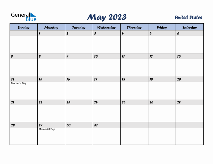 May 2023 Calendar with Holidays in United States