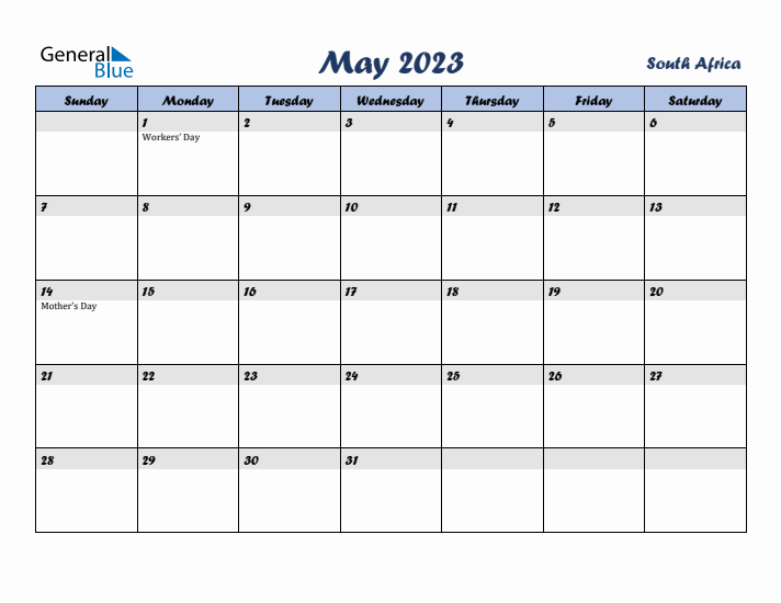 May 2023 Calendar with Holidays in South Africa