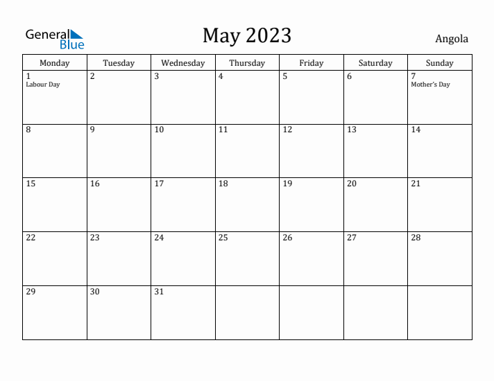 May 2023 Calendar Angola