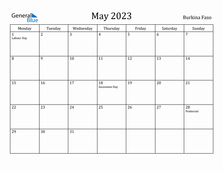 May 2023 Calendar Burkina Faso