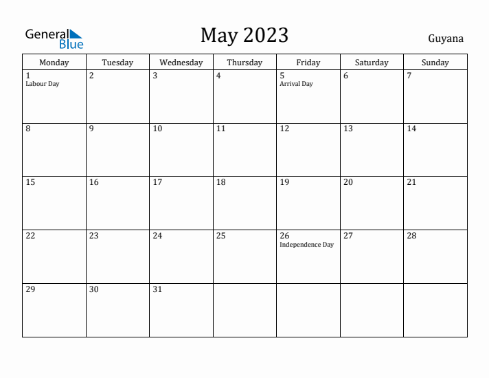 May 2023 Calendar Guyana