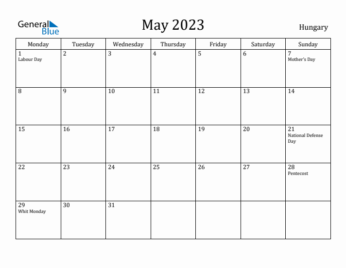 May 2023 Calendar Hungary