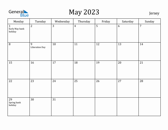 May 2023 Calendar Jersey