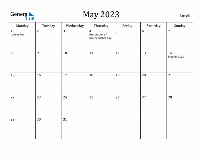 May 2023 Calendar Latvia