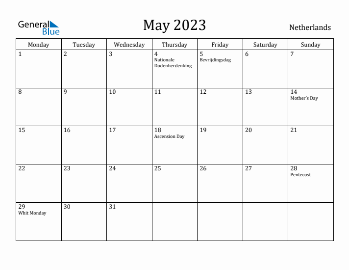 May 2023 Calendar The Netherlands