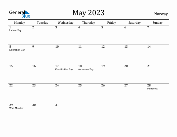 May 2023 Calendar Norway