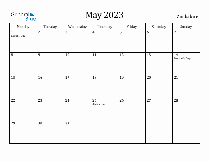 May 2023 Calendar Zimbabwe