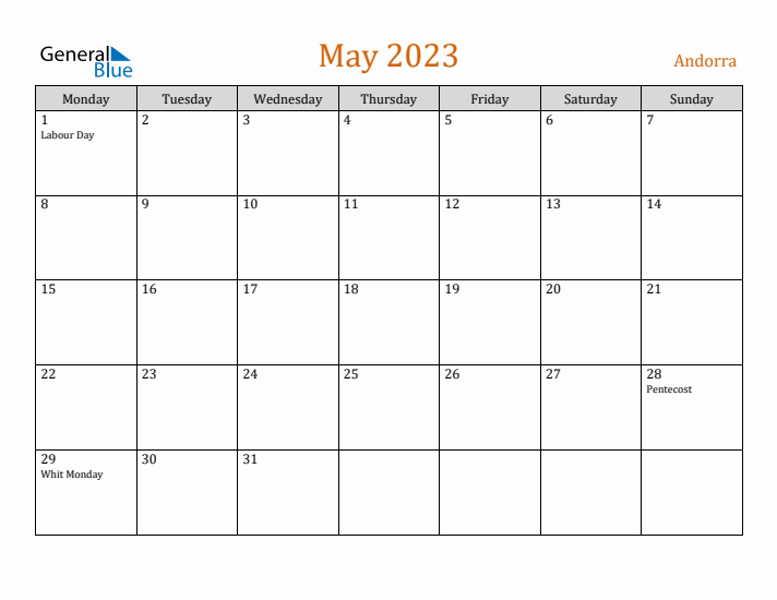 May 2023 Holiday Calendar with Monday Start