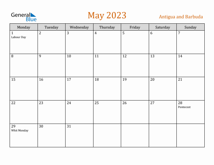 May 2023 Holiday Calendar with Monday Start