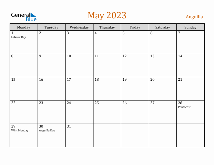 May 2023 Holiday Calendar with Monday Start