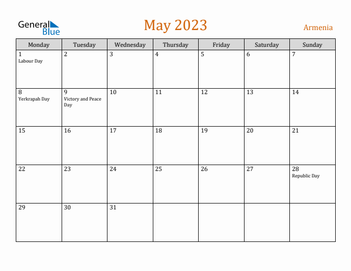 May 2023 Holiday Calendar with Monday Start